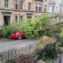 A huge tree pulled down power lines and smashed a car when it crashed down in Glasgow during Storm Éowyn. 