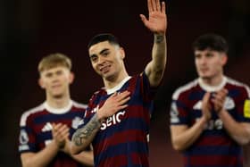Miguel Almiron of Newcastle United acknowledges the fans after the team's victory in the Premier League match between Southampton FC and Newcastle United FC at St Mary's Stadium on January 25, 2025 in Southampton, England. (Photo by Eddie Keogh/Getty Images)