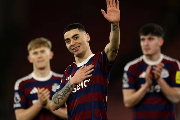 Miguel Almiron of Newcastle United acknowledges the fans after the team's victory in the Premier League match between Southampton FC and Newcastle United FC at St Mary's Stadium on January 25, 2025 in Southampton, England. (Photo by Eddie Keogh/Getty Images)