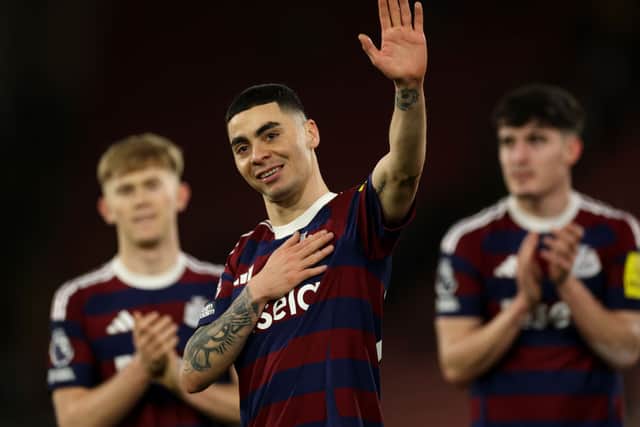 Miguel Almiron of Newcastle United acknowledges the fans after the team's victory in the Premier League match between Southampton FC and Newcastle United FC at St Mary's Stadium on January 25, 2025 in Southampton, England. (Photo by Eddie Keogh/Getty Images)