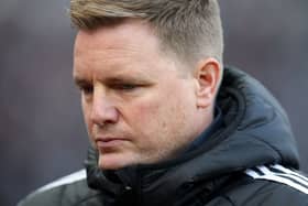 Eddie Howe, Manager of Newcastle United, looks on prior to the Premier League match between Newcastle United FC and Fulham FC at St James' Park on February 01, 2025 in Newcastle upon Tyne, England. (Photo by George Wood/Getty Images)