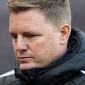 Eddie Howe, Manager of Newcastle United, looks on prior to the Premier League match between Newcastle United FC and Fulham FC at St James' Park on February 01, 2025 in Newcastle upon Tyne, England. (Photo by George Wood/Getty Images)