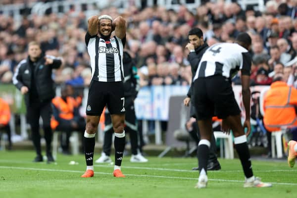 Joelinton of Newcastle United reacts during the Premier League match between Newcastle United FC and Arsenal FC at St James' Park on November 02, 2024 in Newcastle upon Tyne, England. (Photo by George Wood/Getty Images)
