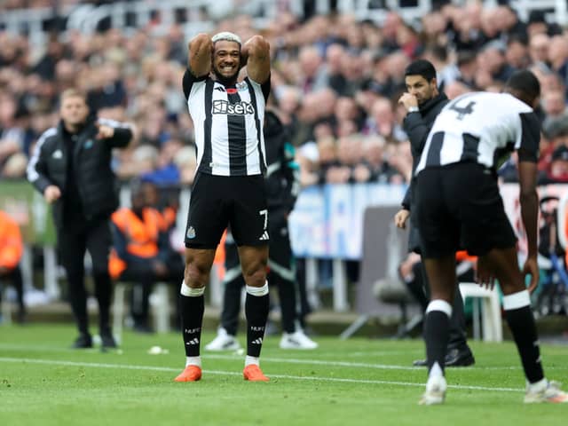 Joelinton of Newcastle United reacts during the Premier League match between Newcastle United FC and Arsenal FC at St James' Park on November 02, 2024 in Newcastle upon Tyne, England. (Photo by George Wood/Getty Images)
