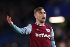 Jarrod Bowen of West Ham United reacts during the Premier League match between Chelsea FC and West Ham United FC at Stamford Bridge on February 03, 2025 in London, England