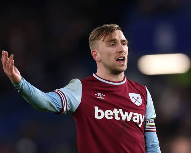 Jarrod Bowen of West Ham United reacts during the Premier League match between Chelsea FC and West Ham United FC at Stamford Bridge on February 03, 2025 in London, England