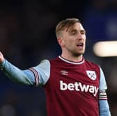 Jarrod Bowen of West Ham United reacts during the Premier League match between Chelsea FC and West Ham United FC at Stamford Bridge on February 03, 2025 in London, England