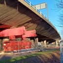 The temporary support installed beneath the Gateshead Flyover after its closure in December 2024.