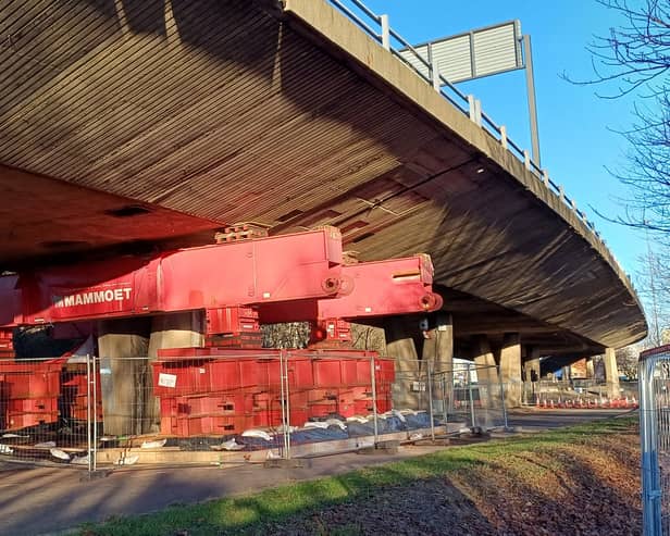 The temporary support installed beneath the Gateshead Flyover after its closure in December 2024.