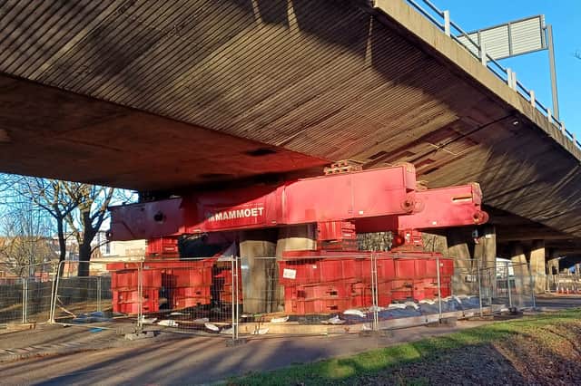 The temporary support installed beneath the Gateshead Flyover after its closure in December 2024.