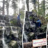 Matt Horsfall, 39, scaled the rocks forming the waterfall at Dockber Farm near Sawley in Lancashire when he was attending the Beat-Herder music festival. He ignored a 'do not enter' sign which warned of "sharp rocks" and said the "water is poison" to pose for a video