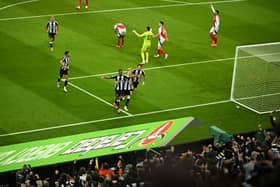Alexander Isak of Newcastle United celebrates scoring a goal that is later disallowed for offside, with teammates, during the Carabao Cup Semi Final Second Leg match between Newcastle United and Arsenal at St James' Park on February 05, 2025 in Newcastle upon Tyne, England. (Photo by Michael Regan/Getty Images)