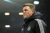Eddie Howe, Manager of Newcastle United, looks on during the Emirates FA Cup Fourth Round match between Birmingham City and Newcastle United at St Andrewâs at Knighthead Park on February 08, 2025 in Birmingham, England. (Photo by Michael Regan/Getty Images)