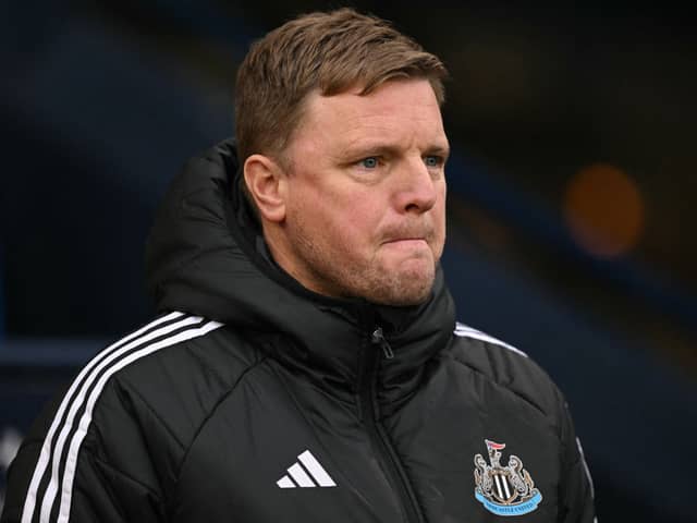 Newcastle United's English head coach Eddie Howe arrives ahead of kick-off in the English Premier League football match between Manchester City and Newcastle United at the Etihad Stadium in Manchester, north west England, on February 15, 2025. (Photo by Oli SCARFF / AFP)         