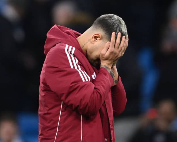 Bruno Guimaraes of Newcastle reacts after the Premier League match between Manchester City FC and Newcastle United FC at Etihad Stadium on February 15, 2025 in Manchester, England. 