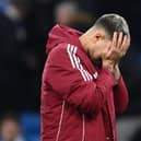 Bruno Guimaraes of Newcastle reacts after the Premier League match between Manchester City FC and Newcastle United FC at Etihad Stadium on February 15, 2025 in Manchester, England. (Photo by Stu Forster/Getty Images)