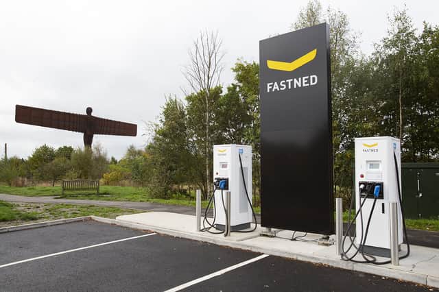An electric vehicle charging point next to the Angel of the North. Photo: Transport North East.