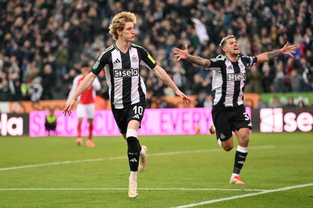 Anthony Gordon and Bruno Guimaraes of Newcastle United.