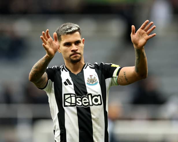 Bruno Guimaraes of Newcastle United celebrates victory after the Premier League match between Newcastle United FC and Nottingham Forest FC at St James' Park on February 23, 2025 in Newcastle upon Tyne, England. (Photo by Richard Heathcote/Getty Images)