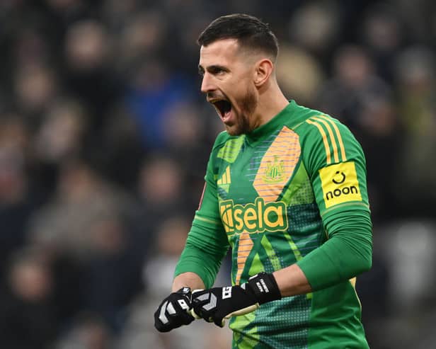 Newcastle United goalkeeper Martin Dubravka reacts during the Emirates FA Cup Third Round match between Newcastle United and Bromley at St James' Park on January 12, 2025 in Newcastle upon Tyne, England. (Photo by Stu Forster/Getty Images)
