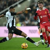 Newcastle United's Brazilian midfielder #07 Joelinton (L) clashes with Liverpool's Argentinian midfielder #10 Alexis Mac Allister during the English Premier League football match between Newcastle United and Liverpool at St James' Park in Newcastle-upon-Tyne, north east England on December 4, 2024. (Photo by Paul ELLIS / AFP) 