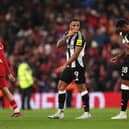 Callum Wilson and Joe Willock of Newcastle United look dejected during the Premier League match between Liverpool FC and Newcastle United FC at Anfield on February 26, 2025 in Liverpool, England. (Photo by Carl Recine/Getty Images)