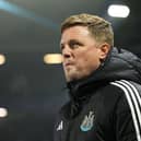 Eddie Howe, Manager of Newcastle United, looks on during the Emirates FA Cup Fourth Round match between Birmingham City and Newcastle United at St Andrewâs at Knighthead Park on February 08, 2025 in Birmingham, England. (Photo by Michael Regan/Getty Images)
