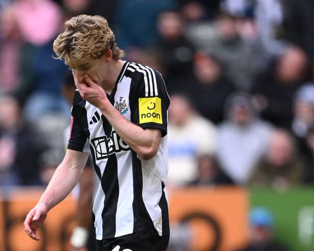 Anthony Gordon of Newcastle United reacts after being sent off during the Emirates FA Cup Fifth Round match between Newcastle United and Brighton & Hove Albion at St James' Park on March 02, 2025 in Newcastle upon Tyne, England. (Photo by Stu Forster/Getty Images)
