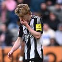 Anthony Gordon of Newcastle United reacts after being sent off during the Emirates FA Cup Fifth Round match between Newcastle United and Brighton & Hove Albion at St James' Park on March 02, 2025 in Newcastle upon Tyne, England. (Photo by Stu Forster/Getty Images)