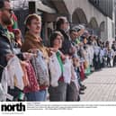Children's clothes are hung from a washing line in memory of youngsters killed in the Gaza conflict, during a protest held by Newcastle Palestine Solidarity Campaign at Newcastle Civic Centre on Saturday, March 1 urging the government to end their support of Israel