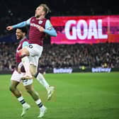 Jarrod Bowen and Jean-Clair Todibo of West Ham United celebrate their team's second goal, an own goal scored by Jannik Vestergaard of Leicester City (not pictured) during the Premier League match between West Ham United FC and Leicester City FC at London Stadium on February 27, 2025 in London, England. (Photo by Justin Setterfield/Getty Images)