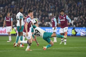 Bruno Guimaraes of Newcastle United scores his team's first goal during the Premier League match between West Ham United FC and Newcastle United FC at London Stadium on March 10, 2025 in London, England. (Photo by Justin Setterfield/Getty Images)