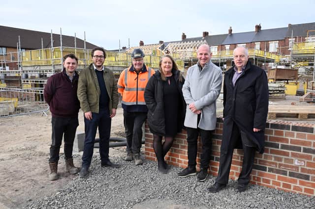 Rob Alstead, Project Manager at Karbon Homes, with Nick Hartley, Byker ward councillor, Ian Cuthbertson, Contracts Manager from NB Clark, Michelle Bell Karbon Homes’ Assistant Director of the Byker Community, Ian Johnson Executive Director of Customer Services for Karbon Homes and Neil Revely, Byker Community Trust committee member