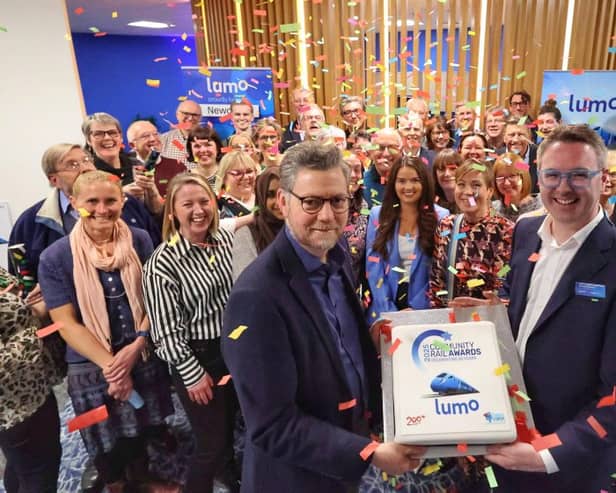 A special celebration as Lumo welcomed members of the rail community from across the UK to Newcastle ahead of the prestigious Community Rail Awards being held at the Civic Centre. Bill Freeman, Interim Chief Executive of the Community Rail Network (left) and Richard Salkeld, Head of Communications & Partnerships at Lumo, cut the cake at Lumo's headquarters in Newcastle.