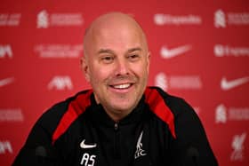 Arne Slot head coach of Liverpool during a press conference at AXA Training Centre on March 14, 2025 in Kirkby, England. (Photo by Andrew Powell/Liverpool FC via Getty Images)