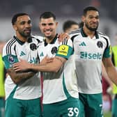 Callum Wilson, Bruno Guimaraes and Joelinton of Newcastle United celebrate victory following the Premier League match between West Ham United FC and Newcastle United FC at London Stadium on March 10, 2025 in London, England. (Photo by Justin Setterfield/Getty Images)