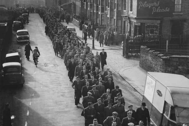 Over 4000 Tyneside shipyard strikers marching through the streets of Wallsend-on-Tyne, in support of the national shipyard strike for a 10% pay increase claim.  (Photo by Methe/Fox Photos/Getty Images)