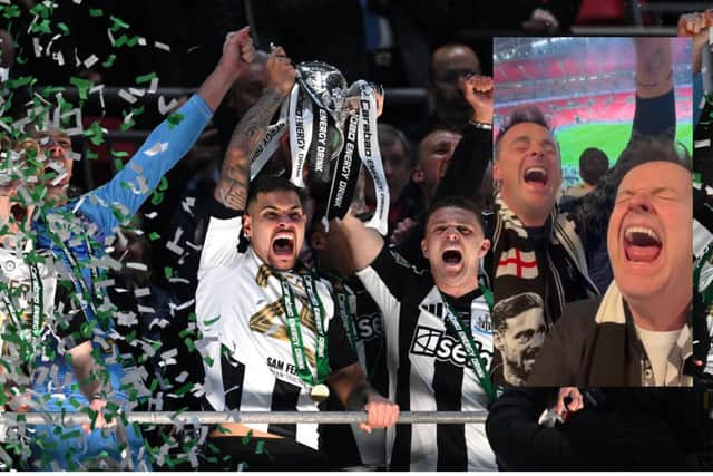 Ant and Dec celebrate Newcastle United's win at the Carabao Cup Final.