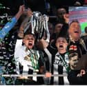 Ant and Dec celebrate Newcastle United's win at the Carabao Cup Final. 