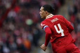Virgil van Dijk of Liverpool looks on during the Carabao Cup Final between Liverpool and Newcastle United at Wembley Stadium on March 16, 2025 in London, England. (Photo by Liverpool FC/Liverpool FC via Getty Images)