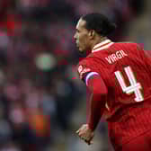 Virgil van Dijk of Liverpool looks on during the Carabao Cup Final between Liverpool and Newcastle United at Wembley Stadium on March 16, 2025 in London, England. (Photo by Liverpool FC/Liverpool FC via Getty Images)