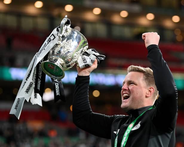 Eddie Howe, Manager of Newcastle United, lifts the Carabao Cup Trophy after his team's victory during the Carabao Cup Final between Liverpool and Newcastle United at Wembley Stadium on March 16, 2025 in London, England. (Photo by Justin Setterfield/Getty Images)