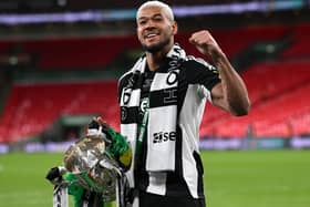 Newcastle United player Joelinton celebrates with the trophy after the Carabao Cup Final between Liverpool and Newcastle United at Wembley Stadium on March 16, 2025 in London, England. (Photo by Stu Forster/Getty Images)