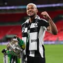 Newcastle United player Joelinton celebrates with the trophy after the Carabao Cup Final between Liverpool and Newcastle United at Wembley Stadium on March 16, 2025 in London, England. (Photo by Stu Forster/Getty Images)