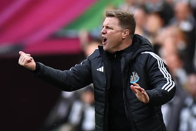Eddie Howe shouts and gesticulates from the touchline at Wembley