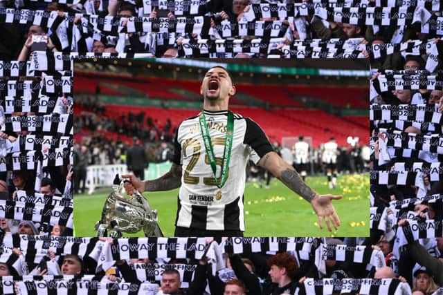 Newcastle United captain Bruno Guimaraes with the Carabao Cup, after the Magpies beat Liverpool 2-1 at Wembley on Sunday, March 16.