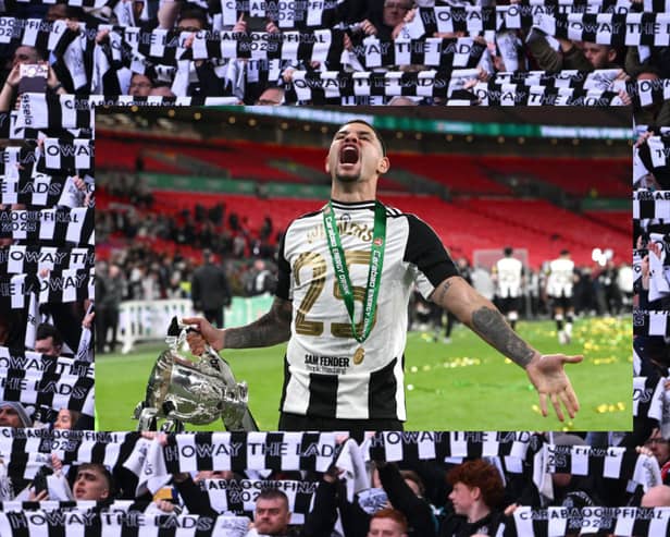 Newcastle United captain Bruno Guimaraes with the Carabao Cup, after the Magpies beat Liverpool 2-1 at Wembley on Sunday, March 16.