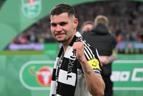 Newcastle United player Bruno Guimaraes celebrates  after the Carabao Cup Final between Liverpool and Newcastle United at Wembley Stadium on March 16, 2025 in London, England. (Photo by Stu Forster/Getty Images)