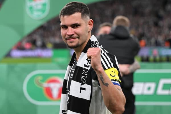 Newcastle United player Bruno Guimaraes celebrates  after the Carabao Cup Final between Liverpool and Newcastle United at Wembley Stadium on March 16, 2025 in London, England. (Photo by Stu Forster/Getty Images)