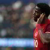 Jonathan David #10 of Canada celebrates after scoring his team's second goal against the United States during the second half of a CONCACAF Nations League third-place match at SoFi Stadium on March 23, 2025 in Inglewood, California. (Photo by Michael Owens/Getty Images)